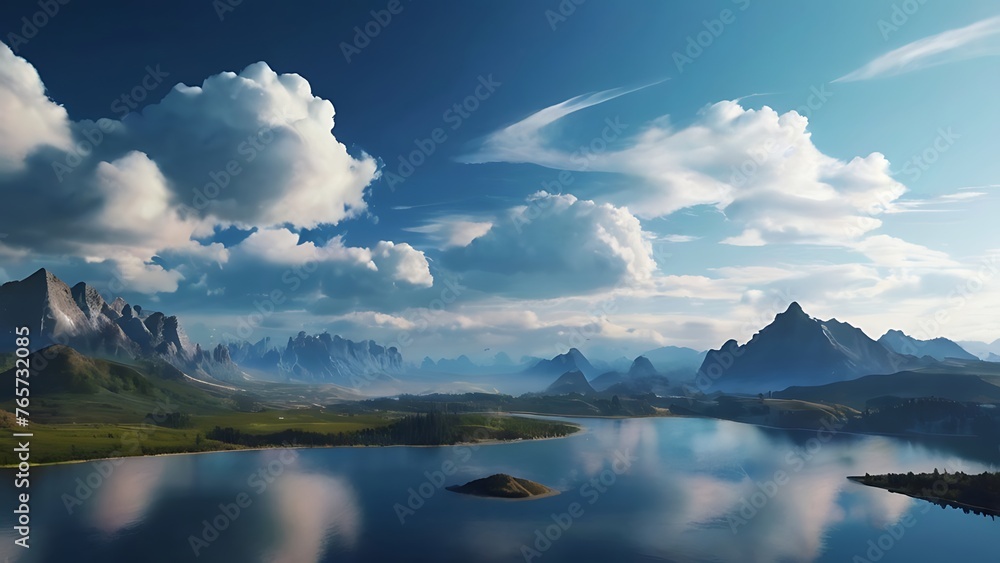 Lake under Summer Sky with Clouds Reflection, background landscape