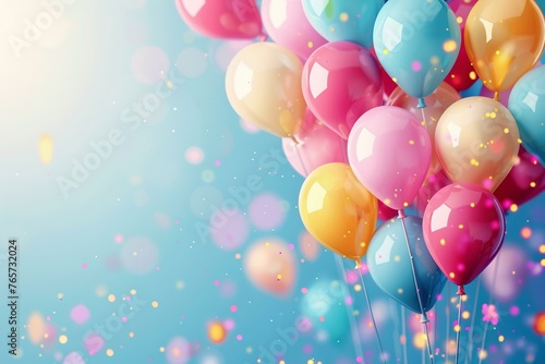 Birthday invitation blank card  with colorful balloons floating in the background