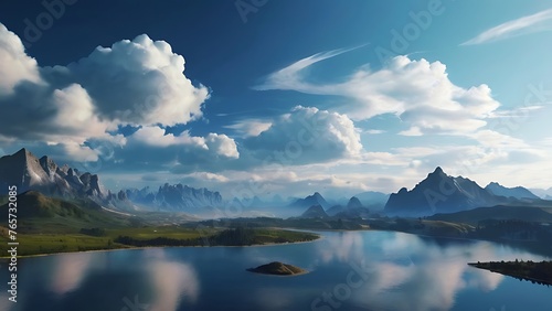 Lake under Summer Sky with Clouds Reflection, background landscape