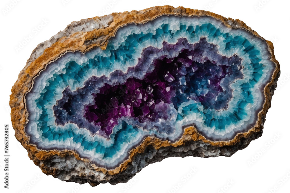 blue geode stone with purple mineral crystals on transparent png - obrazy, fototapety, plakaty 