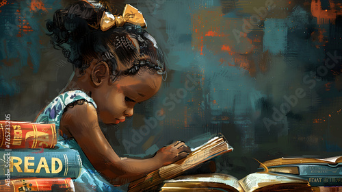 Illustration of a young African American girl reading a book; 