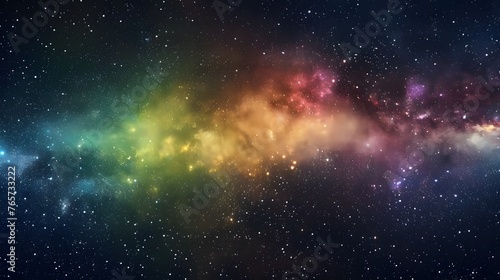 Vivid space scene with vibrant nebula and stars, horizontal rainbow colors, vibrant milky way galaxy backdrop
