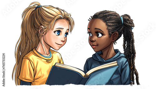 Illustration of two young girls sharing a book; library graphics; diversity and understanding theme