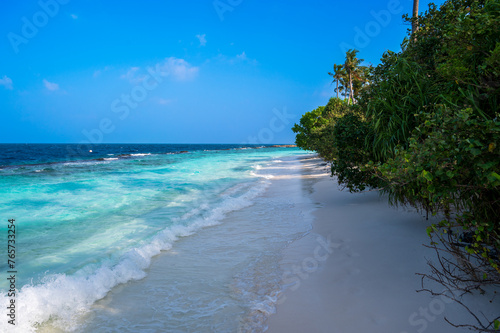 A beautiful sandy beach near a dense tropical forest.