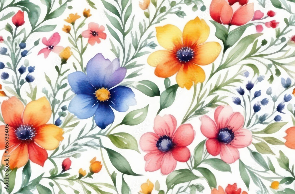 Seamless watercolor multi colour floral pattern on a white background 