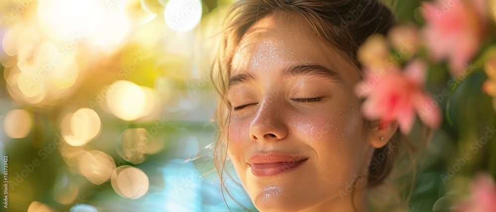At-home spa experience, woman with glowing skin, relaxation theme At-home spa experience, woman with glowing skin, relaxation theme
