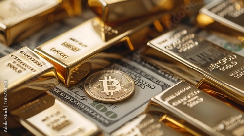 Bitcoin logo surrounded by stacks of gold bars and dollar bills, digital wealth, cryptocurrency, close-up shot