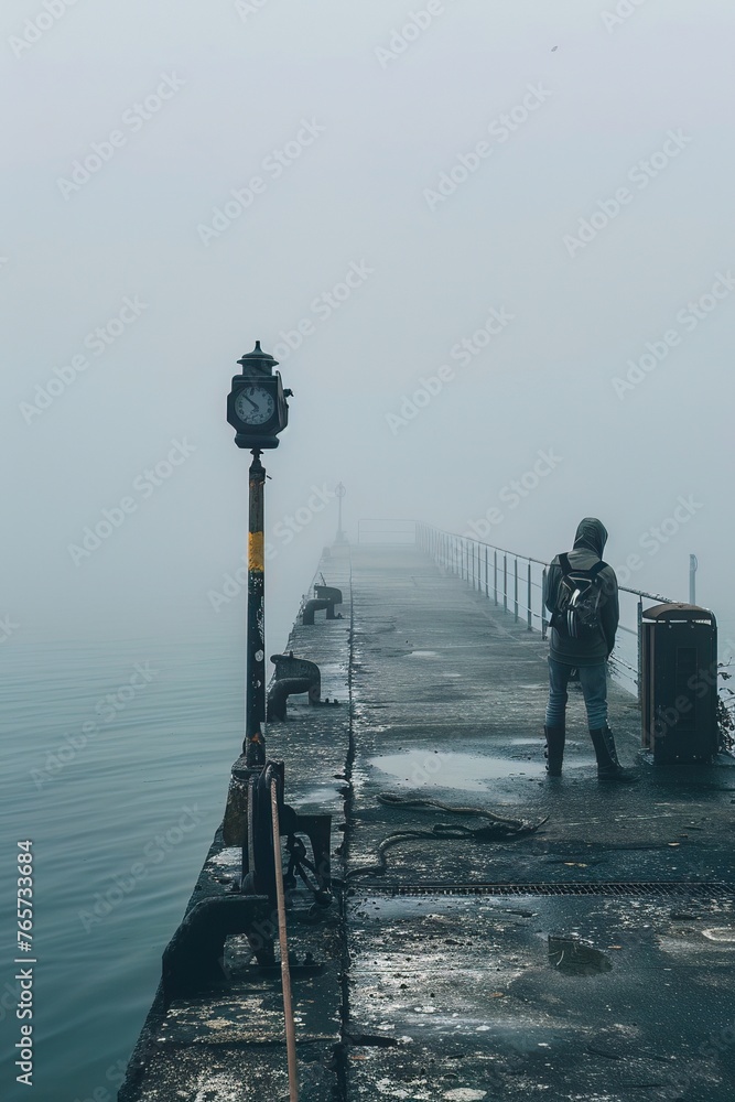 Enigmatic stranger standing at the edge of a misty pier holding a nautical compass with the sea whispering secrets - obrazy, fototapety, plakaty 
