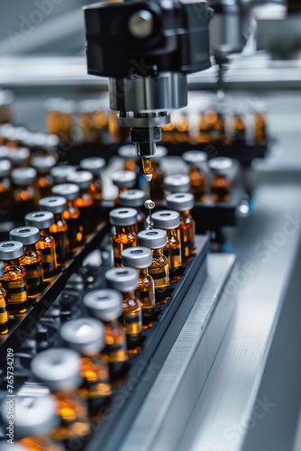 A closeup of an automated inspection machine for injectable drugs illustrating precision in quality control