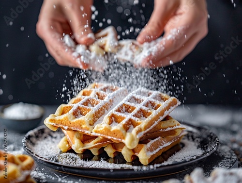 A closeup of hands sprinkling powdered sugar over fresh waffles creating a snowy effect
