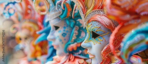 A closeup of intricate carnival decorations and textures, focusing on patterns and colors