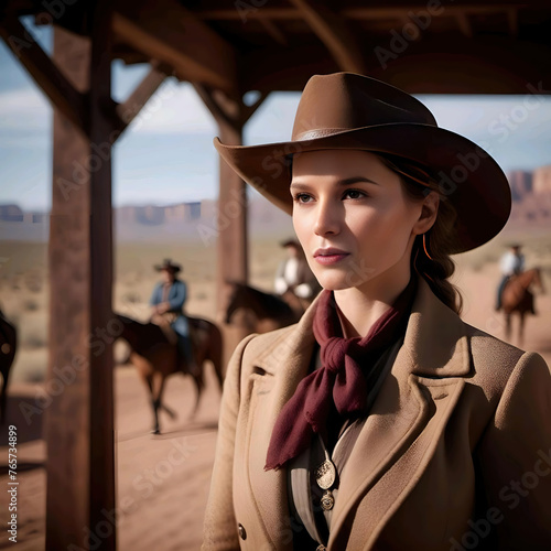Mujer del salvaje oeste vestida con ropa de vaquera y sombrero en un rancho