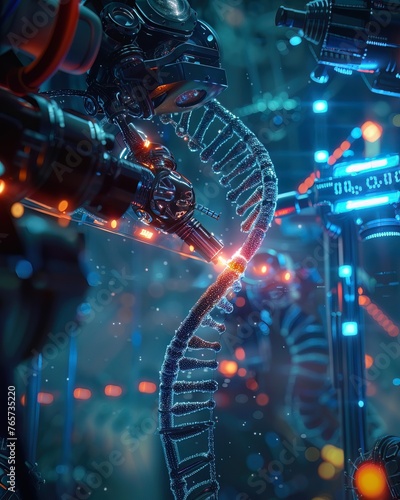 A micro robot, precisionengineered, manipulates a glowing DNA strand in a futuristic lab, symbolizing advanced genetic research