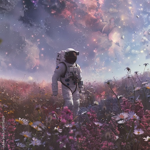 An astronaut walking through a space meadow, where gravity does not tether life to the ground