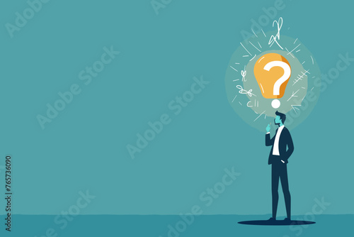 Businessman with question mark, problem solving and creative solution concept, vector illustration.