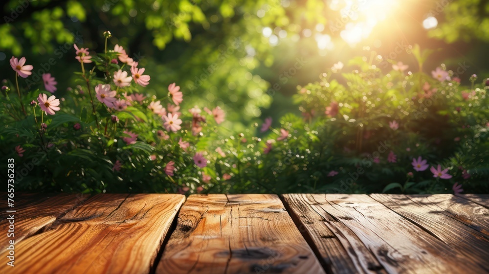 Warm sunlight bathes a wooden surface with a blooming meadow of pink flowers in the background, heralding a peaceful morning. - obrazy, fototapety, plakaty 