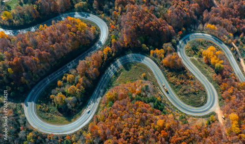aerial view of inegol domanic road with beautiful autumn colors of nature, Kutahya, Turkey © kenan