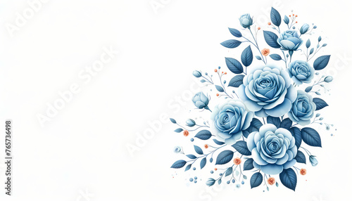 A delicate blue floral arrangement in the far right corner against a pure white background