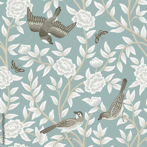 Vintage botanical garden tree, birds, butterfly floral seamless pattern blue background. Exotic chinoiserie wallpaper.