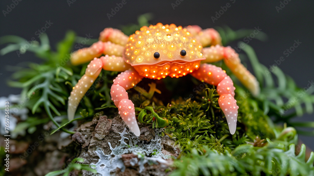 An orange glowing crab character with a spotted shell stands on mossy terrain among foliage