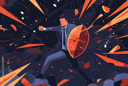 Businessman with shield fighting off multiple punch attacks, resilience and courage in the face of business threats and competition, surviving adversity to achieve success concept vector. photo