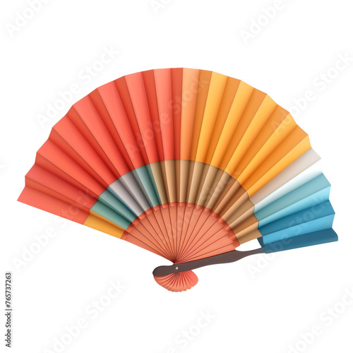 Vibrant traditional Asian fan with spectrum of warm to cool tones  beautifully crafted with detailed woodwork