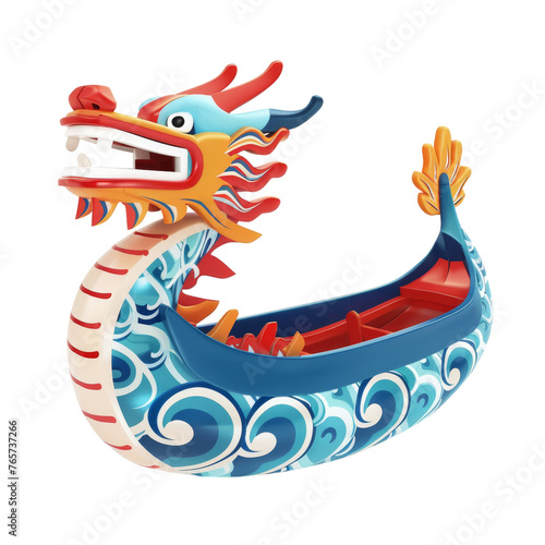3D Flat Render of a Colorful Asian Dragon Boat with Ornate Details Isolated on a Dark Background