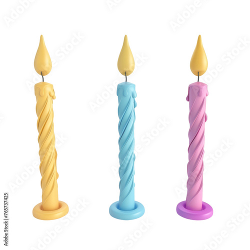 Colorful 3D rendering of lit candles in pink, blue, and yellow, signifying tranquility and celebration