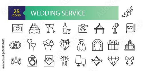 Wedding service icons set outline vector. Outline web wedding service icons such as website address, wedding vows, flower, wedding planner.