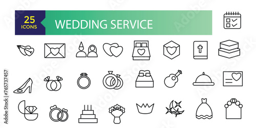 Wedding service icons set outline vector. Outline web wedding service icons such as website address, wedding vows, flower, wedding planner.