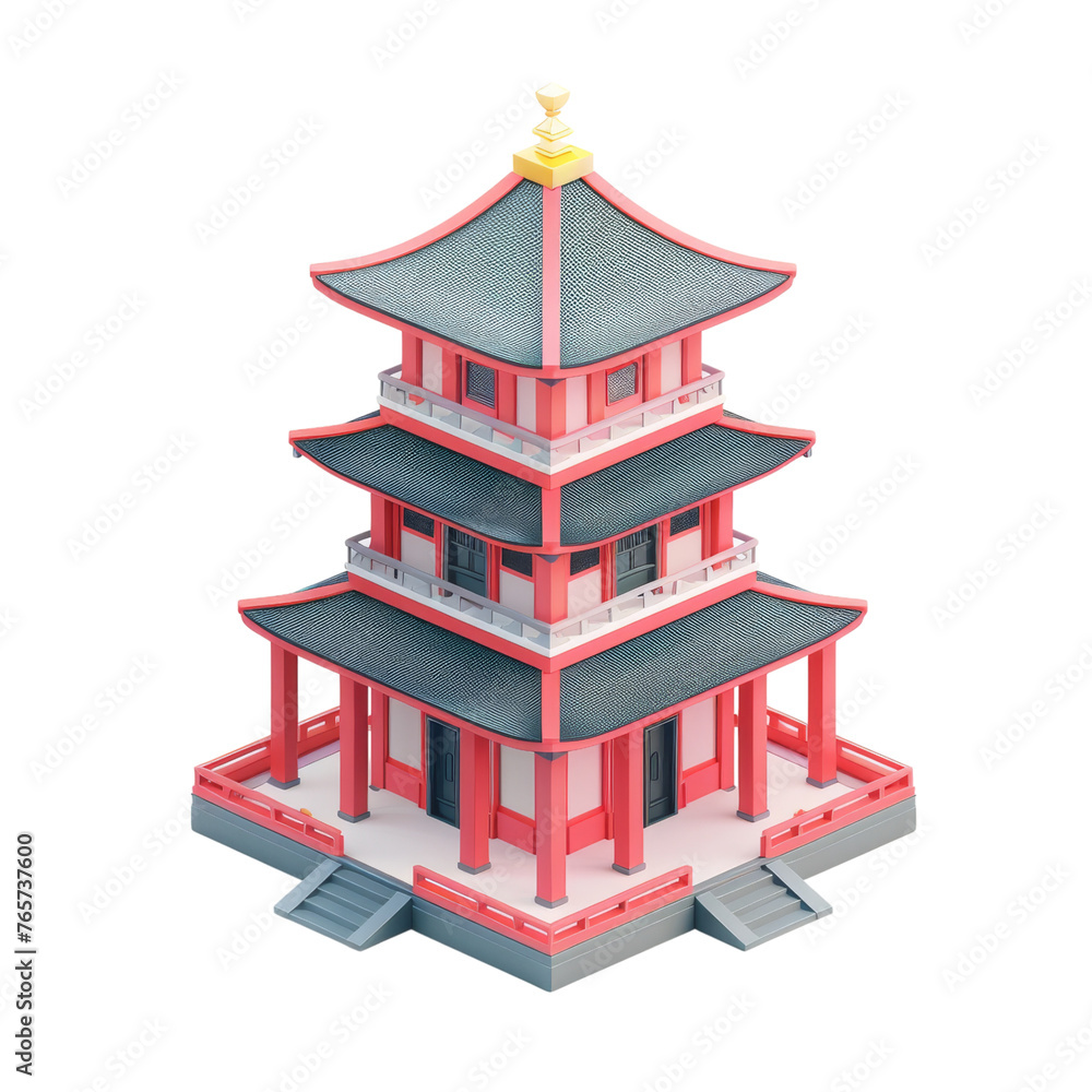 3D digital illustration of a traditional East Asian temple structure isolated on black