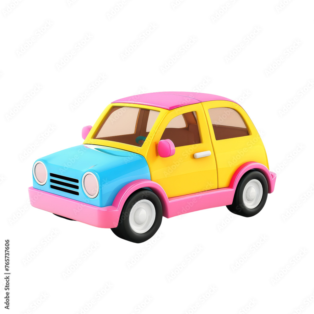 Colorful 3D rendering of a whimsical cartoon-style car with bright colors isolated on black