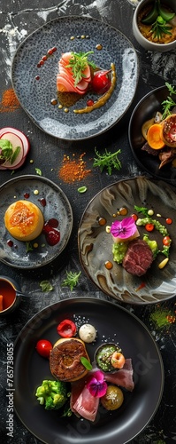 Elevate your culinary brand with a wide-angle shot that glorifies the art and precision of plating techniques Showcase the meticulous details photo