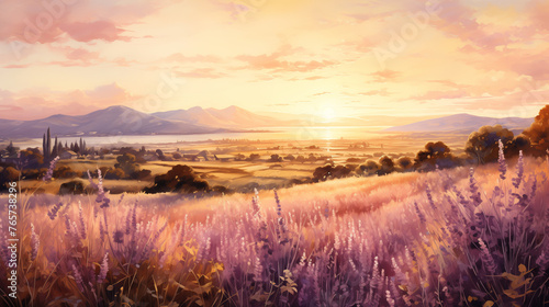 A watercolor painting of Golden sunlight illuminates dreamy lavender field.