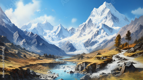 Stunning watercolor art of Winter landscape with snow-draped alpine peaks, meandering river, and rocky valley under blue sky. photo