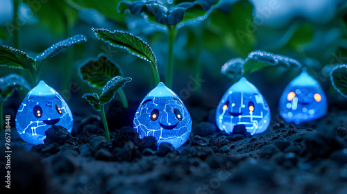 An animated scene where cheerful water droplets and leaves, adorned with tiny microchips, teach young plants about the importance of water conservation
