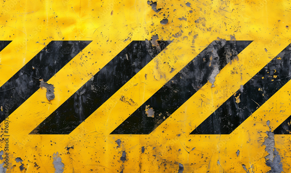 Warning background with yellow and black stripes painted over yellow concrete wall facade texture and empty space for text message in the middle. Concept image for caution, danger and hazard.