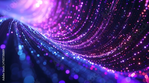 Abstract purple light lines and glowing particles form a background with a curved tunnel, creating a speed of lights effect.