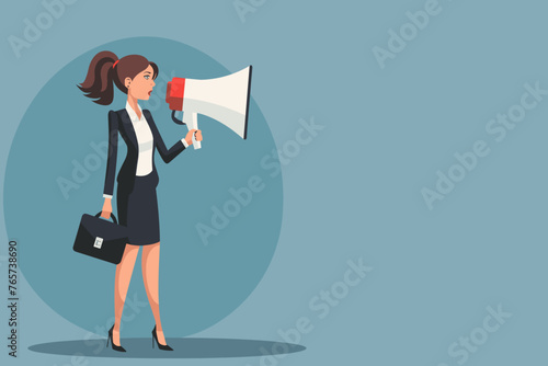 Businesswoman announcing job vacancies with megaphone, human resources recruitment for career opportunities, employment and hiring advertisement concept for job seekers and HR professionals.