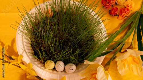 easter decorations on a yellow background
