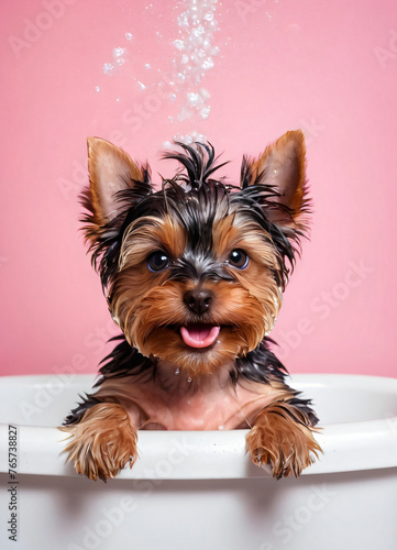 Wet Yorkshire Terrier puppy with soap bubbles and foam in the ba