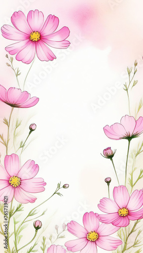 Frame of pink cosmos flowers of different sizes on white background. Space for text in the center. Vertical image.