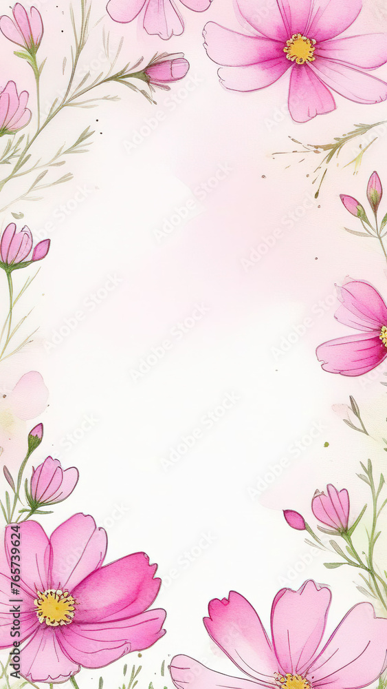 Frame of pink cosmos flowers of different sizes on white background. Space for text in the center. Vertical image.