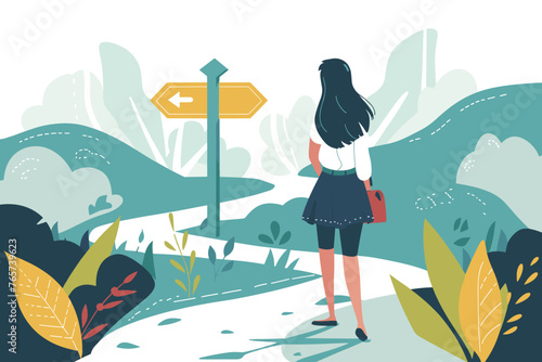 Businesswoman at a crossroads: Navigating career path choices with determination, conquering confusion and doubt to seize opportunities for success. 
