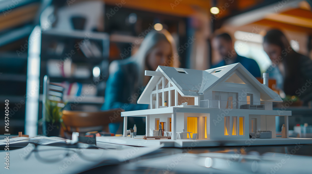 house model placed on a table, surrounded by prospective buyers browsing through a Real Estate, emphasizing the property's energy performance and attracting interest from environmentally-conscious house model placed on a table, surrounded by prospective buyers browsing through a Real Estate, emphasizing the property's energy performance and attracting interest from environmentally-conscious