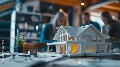 house model placed on a table, surrounded by prospective buyers browsing through a Real Estate, emphasizing the property's energy performance and attracting interest from environmentally-conscious photo