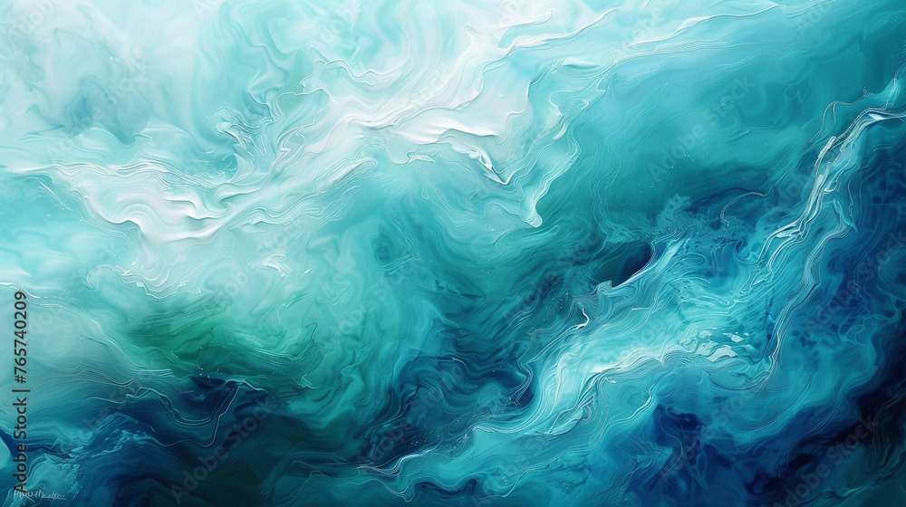 Fluid abstract art in a soothing palette of blues and greens, ocean-inspired. ,