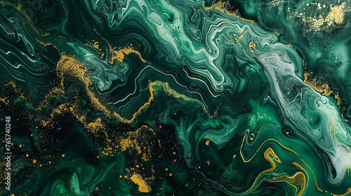 Fluid abstract art resembling a mystical forest in emerald greens and golds. ,