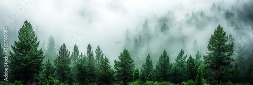 misty forest with fog in the mountains, Misty landscape with fir forest in hipster vintage retro style. dark green Misty landscape with fir forest banner	
 photo