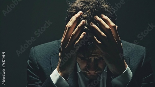 Depressed tired businessman with hands on head © nkami